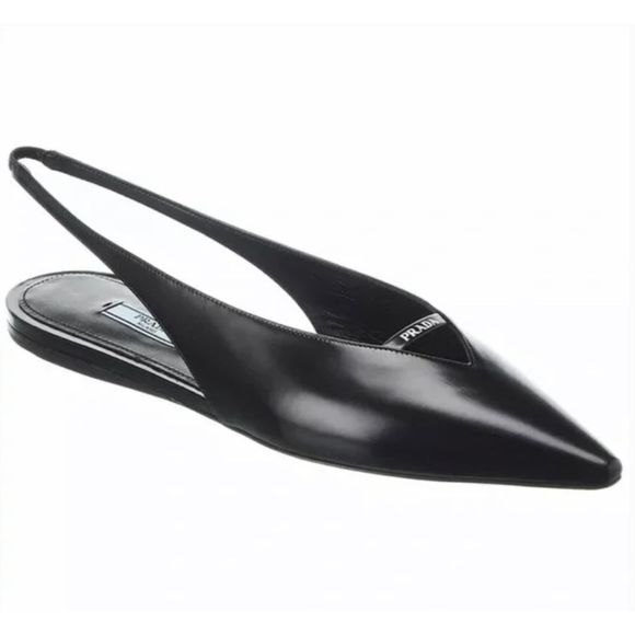 PRADA Black Slingback Ballet Flats 40 US 9.5 Point Toe Logo Flat Brushed Leather - Picture 3 of 15
